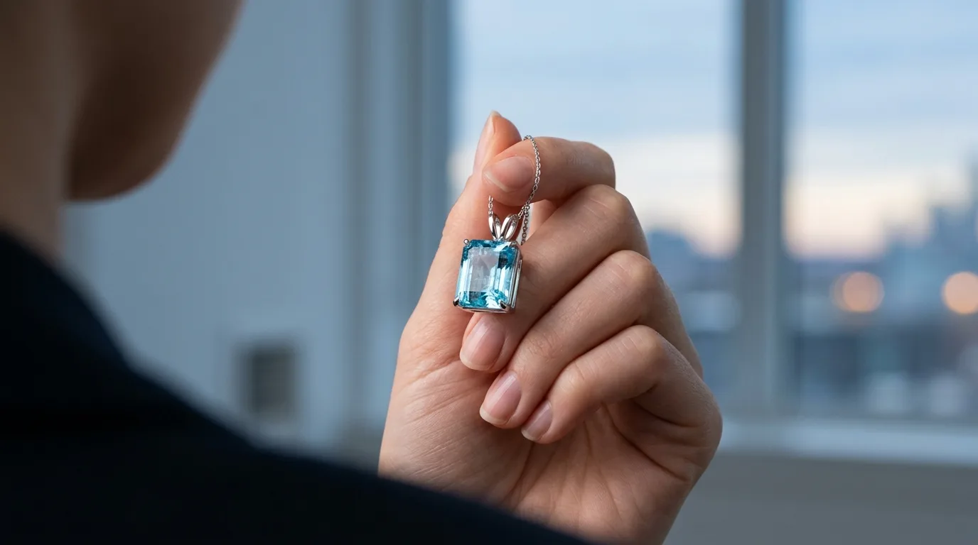 Pendentif aigue-marine serti or blanc présenté en gros plan