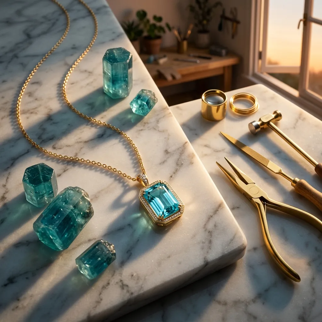 Cliente portant un pendentif aigue-marine offert en cadeau