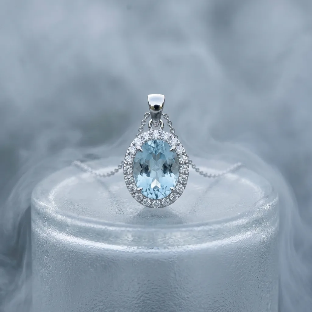 Détail d'un pendentif aigue-marine bleu ciel au décolleté