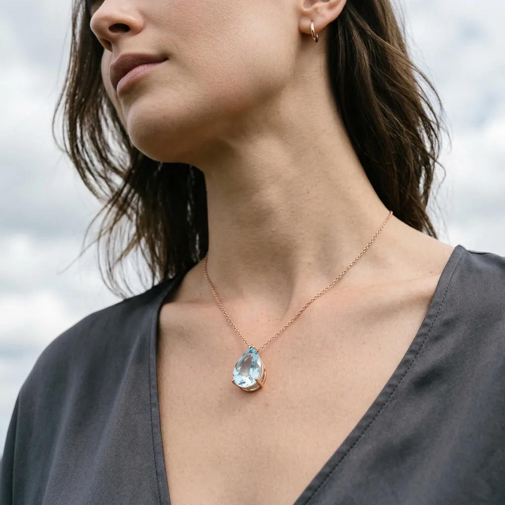 Coffret cadeau ouvert avec pendentif aigue-marine et certificat